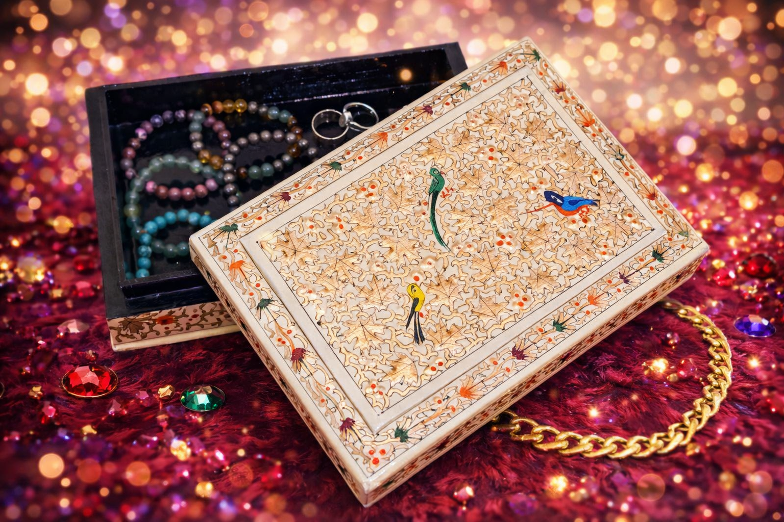 Paper Mache Box, Handmade paper mache box, Hand Painted Trinket Box with Floral Motifs, Valentine day gift, Lacquered Paper Mache Box